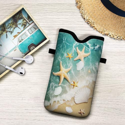 Universal Neoprene Cell Phone Pouch 7.1 X 4 in Mobile Protection Case Bag with Crossbody Strap/Neck Lanyard Beach Starfish Shells - color: Beach Starfish Shells
