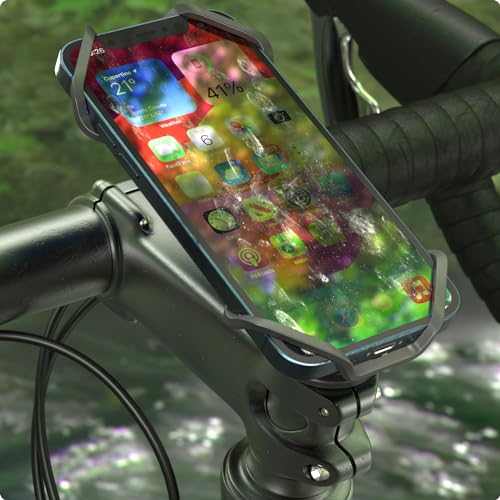Bike Stem Phone Mount with Shockproof Silicone Grip – Quick-Lock Aluminum Out-Front Holder with Quad Safety Buckles & Elastic Strap, Fits 4.0”–6.7” Phones – Secure Fit for Road & Urban Rides - style: 【4-Buckle Style】Handlebar Mount + Silicone Adapter - Bl