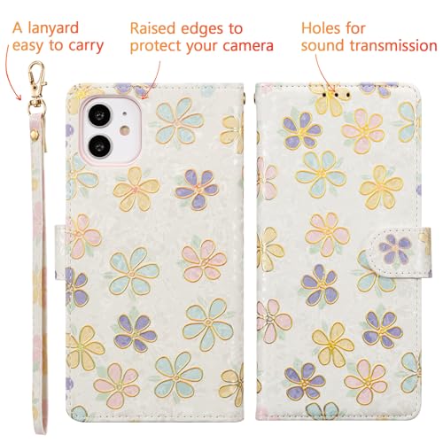 UEEBAI Wallet Case for iPhone 12/iPhone 12 Pro 6.1 inch, PU Leather Wallet Kickstand RFID Blocking Flip Case Card Slots Wrist Strap Relief Engraved Pattern Magnetic Closure Folio Cover, White Daisy - color: White Daisy, size: iPhone 12/iPhone 12 Pro 6.1 i