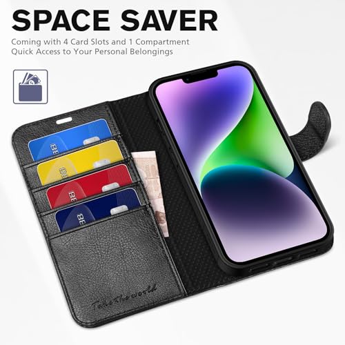 TUCCH Wallet Case for iPhone 14 (6.1") 2022, Flip Stand, Textured Black | RFID Blocking, 4 Card Holders, Kickstand, PU Leather, Shockproof TPU Shell, Magnetic Closure, Protective Folio Cover - color: Black - Textured