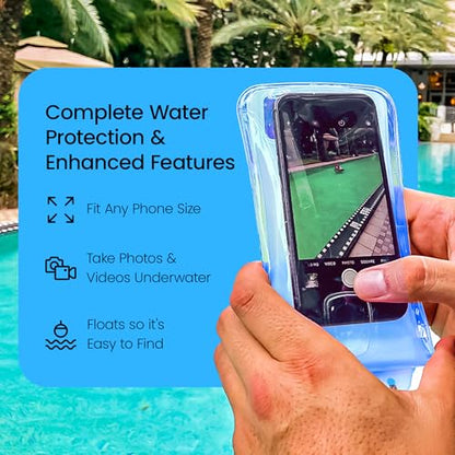 AquaVault Floating Waterproof Phone Pouch Case Universal for iPhone Android | Blue. Floats and keeps phones and cash dry. Heavy-duty PVC, drop protection, adjustable neck strap. Fits any phone size. - color: Blue