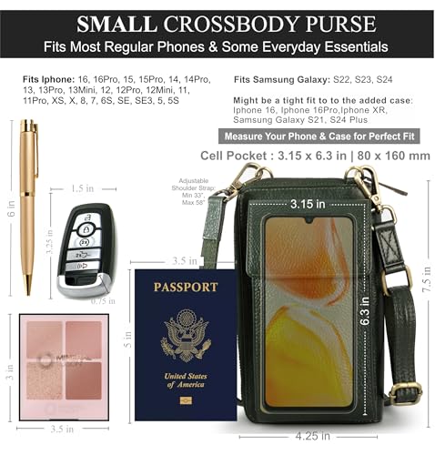 BULL GUARD Crossbody Bag for Women, Leather Phone Wallet Purse with Adjustable Anti Theft Strap & RFID Blocking 12 Card Slots - color: Lush Green Tea Goddess - Small