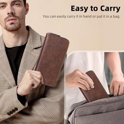 VISOUL Leather Long Zipper Pouch Wallet for Men and Women with RFID Blocking, Large Clutch Cash Long Wallet with Zipper (Brown) - color: Brown
