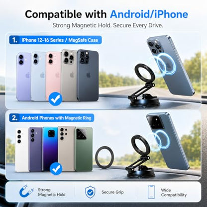 Magnetic Car Phone Mount for Dashboard Windshield - Heavy Duty MagSafe Compatible Holder with 20 N52 Magnets, Long Foldable Arm, 360° Rotation, Suction Cup Base for iPhone & Android