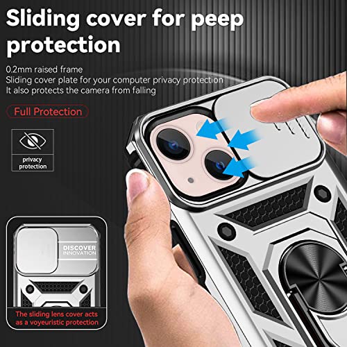 for iPhone 13 Case with Camera Lens Cover HD Screen Protector, Dual Layer [15 FT Military Grade Drop Protection] Magnetic Ring Holder Kickstand Protective Phone Case for iPhone 13 6.1 inch (Silver) - color: Silver with camera cover Military-Grade 2nd gen