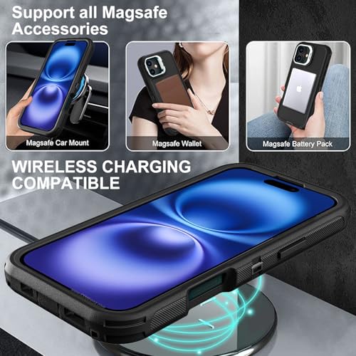 YKHJKLEC for iPhone 16 Case, Military Grade 3 in 1 Heavy Duty Shockproof/Drop Proof/Dust Proof with Kickstand Case, with 2 x Tempered Glass Screen Protector & 1 x Wrist Strap (ZJ-Black/Black) - color: ZJ-Black/Black