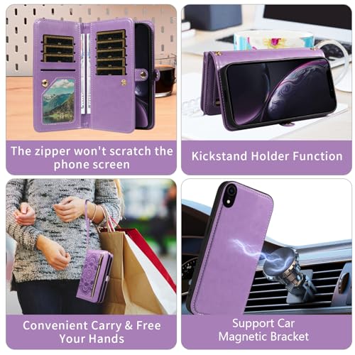 Asuwish Phone Case for iPhone XR 6.1 Zipper Wallet Cell Cover with Tempered Glass Screen Protector Strap Flower Credit Card Holder iPhoneXR iPhone10R i Phonex 10XR 10R RX CR iPhoneXRcases Women Purple - color: Purple