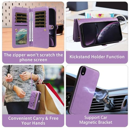 Asuwish Phone Case for iPhone XR 6.1 Zipper Wallet Cell Cover with Tempered Glass Screen Protector Strap Flower Credit Card Holder iPhoneXR iPhone10R i Phonex 10XR 10R RX CR iPhoneXRcases Women Purple - color: Purple