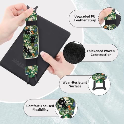 Secure Hand Strap for 6-7.5" Kindle and Tablets, Versatile Lightweight Faux Leather E-Book Grip Holder, Heavy-Duty E-Book Accessories for Reading Lover Gift (Cat and Flowers) - color: Cat and Flowers