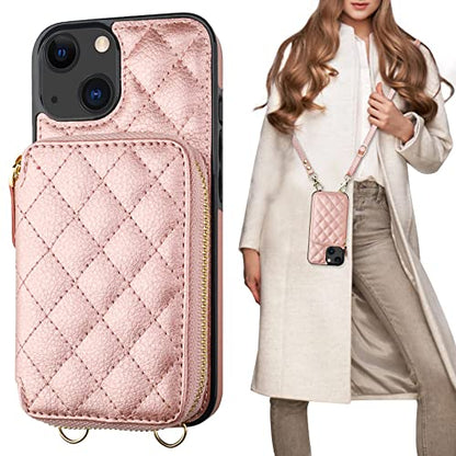 Bocasal Crossbody Wallet Case Card Holder for iPhone 13, Rose Gold | RFID Blocking PU Leather Zipper Handbag Purse, Kickstand Flip Folio Case with Card Slots Holder Wrist Strap Lanyard 6.1 Inch - color: Rose Gold
