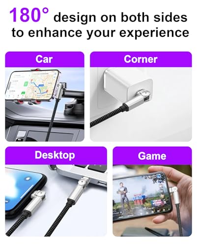 90 Degree iPhone Charger USB C Lightning Cable with 180° Rotating Head - 6.6FT Right Angle Lightning Cable Swivel Charger with MFi, 3A Fast Charging, Data Sync, Apple Carplay for iPhone14 13 12 11 X