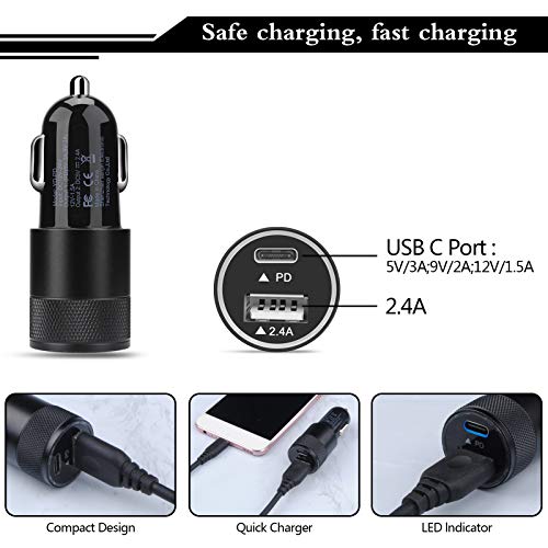 USB C 고속 차량용 충전기, 30W 3.0 PD 타입 C 자동차 어댑터 2 포트 USB C 자동차 플러그 - color: C-블랙