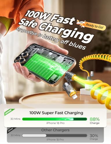 100W 4 in 1 Coiled Lightning Cable, 5FT USB A to USB C Cable for Car - color: Yellow, size: 100W, style: Coiled Cable