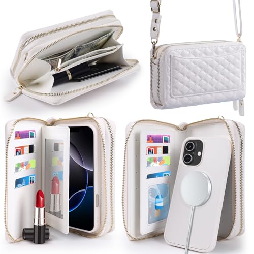 Harryshell Compatible with iPhone 17 Case Wallet Multi Zipper Detachable Removable Cover Purse with RFID Blocking Card Slots Holder Mirror Crossbody Strap (Compatible with Magsafe - White) - color: Compatible with Magsafe - White, size: iPhone 17