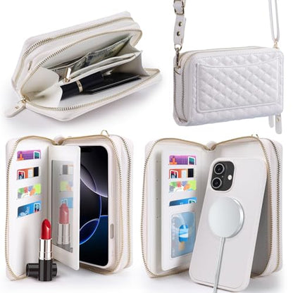 Harryshell Compatible with iPhone 17 Case Wallet Multi Zipper Detachable Removable Cover Purse with RFID Blocking Card Slots Holder Mirror Crossbody Strap (Compatible with Magsafe - White) - color: Compatible with Magsafe - White, size: iPhone 17