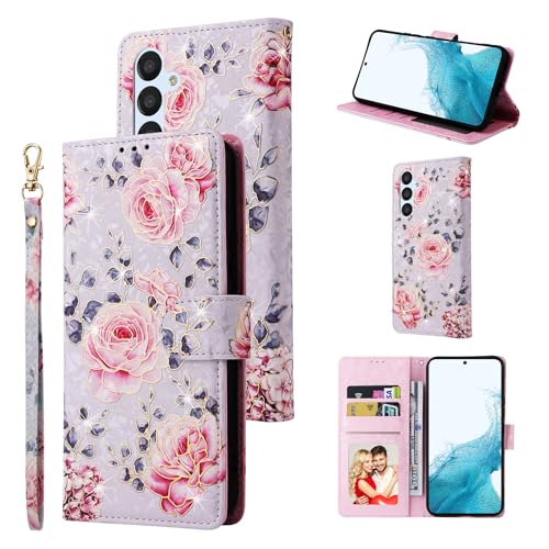 UEEBAI Wallet Case for Samsung Galaxy S23 Plus 5G, PU Leather Case Kickstand RFID Blocking Flip Case Card Slots Wrist Strap Relief Engraved Pattern Magnetic Closure Flower Folio Case, Purple Rose - color: Purple Rose, size: Samsung Galaxy S23 Plus 5G