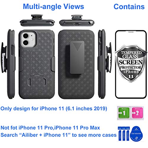 for iPhone 11 Belt Clip Case, Stand Holster Screen Protector-Black | Swivel Kickstand Holder, Slim Shell Slide Pouch Full Body Protective, Rugged Heavy Duty Shockproof Outdoor Cell Phone Cover