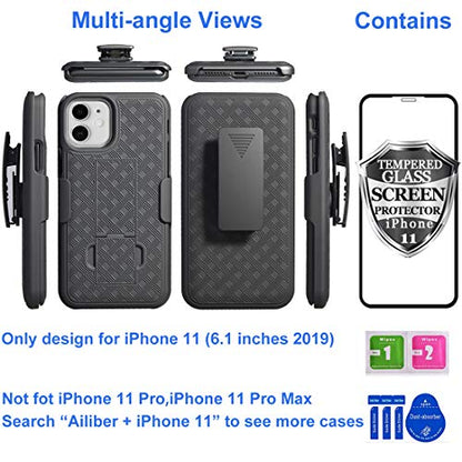 for iPhone 11 Belt Clip Case, Stand Holster Screen Protector-Black | Swivel Kickstand Holder, Slim Shell Slide Pouch Full Body Protective, Rugged Heavy Duty Shockproof Outdoor Cell Phone Cover