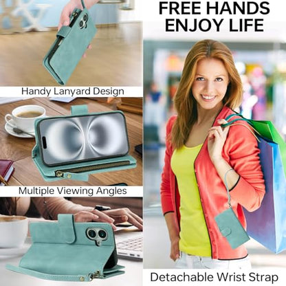 RANYOK Compatible with iPhone 16 Plus Case Wallet - PU Leather Wallet Case for iPhone 16 Plus with Card Holder RFID Blocking Zipper Pocket Flip Folio with Wrist Strap Protective Case (Baby Blue) - color: Light Blue, size: iPhone 16 Plus, 6.7"