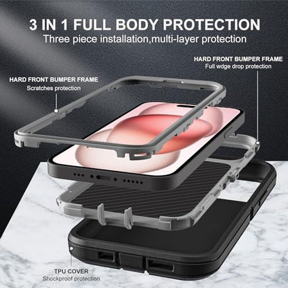 YKHJKLEC for iPhone 15 Case, Compatible with Magsafe, Military Grade 3 in 1 Heavy Duty Shockproof/Drop Proof/Dust Proof Case with 2Pcs Tempered Glass Screen Protector (New-Black/Grey) - color: New-Black/Grey