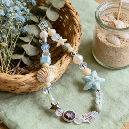 Cute Beaded Camera Wrist Strap for Phone, Digital Camera Charm Lanyard, Pearl Beaded Chain for Bag Keychain Gift - color: Blue Shell