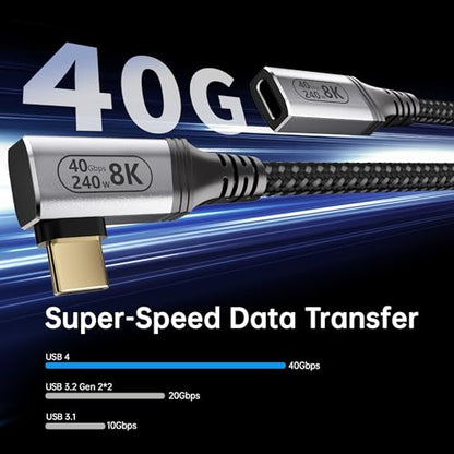 Short Right Angle USB C Extension Cable 2FT Compatible with Thunderbolt 4/3,USB4 40Gbps Data Transfer,USBC 90 Degree Male to Female Extension Cord,240W Fast Charging,8K@60Hz/4K@120Hz Video. - size: 2FT