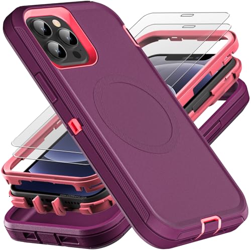 YKHJKLEC for iPhone 12/12 Pro Case, Compatible with Magsafe, Military Grade 3 in 1 Heavy Duty Shockproof/Drop Proof/Dust Proof with 2Pcs Tempered Glass Screen Protector (New-Purple/Pink) - color: New-Purple/Pink
