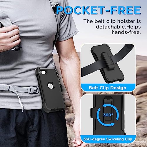 AICase for iPhone SE Case 3rd & 2nd Generation with Belt-Clip Holster, for iPhone SE 2022/2020 Case Built-in Screen Protector Heavy Duty Protective Full Body Rugged Phone Cover, Black - color: Black + Clip