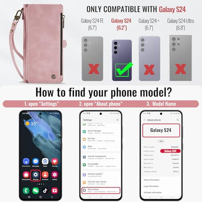 Defencase for Samsung Galaxy S24 Wallet Case with RFID Card Holder, Pink | Durable Soft PU Leather, with Zipper Pocket, Wrist Strap, Fashion Snap Flip S24 Phone Cases Cover with Stand for Women Men - color: Rose Pink
