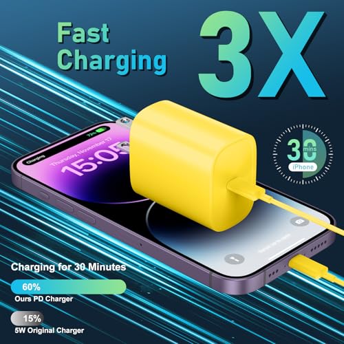 Phone 14 13 12 11 Fast Charger,10FT Long Phone Chargers Fast Charging Lightning Cable with 20W USB C Charger Block for Phone 14/14 Pro Max/13/13 Pro Max/12/12 Pro Max/11/11Pro/XS/Max/XR/X,Pad,Yellow - color: Yellow, size: 10ft