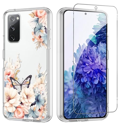 Flower Phone Case Floral for Samsung Galaxy S20 FE 5G 6.5'' with Screen Protector, Clear Transparent Phone Cover Slim Soft Shockproof Anti-Scratch Drop Protection Funda for Girls Women - color: Yellow Peony, size: Samsung Galaxy S20 FE 5G