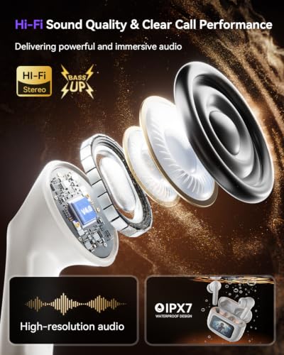 ZIUTY Wireless Earbuds Bluetooth 4.0 Headphones, Ear Buds with ANC Noise Cancelling, ENC Clear Calls, Touchscreen LED Display Case, 48H Playtime, Stereo Sound, IPX7 Waterproof for Sports Workout