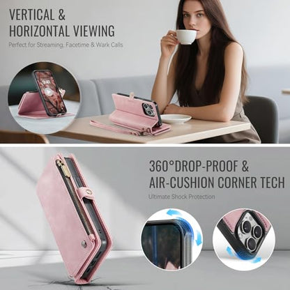 Defencase for iPhone 14 Pro Max Case Wallet Compatible with Magsafe, Pink | Drop-Proof Magnetic Detachable Phone Cases Cover, with RFID Bolcking Card Holder, Zipper Strap, PU Leather, Removable Wallet - color: (Detachable with Magsafe)-Pink