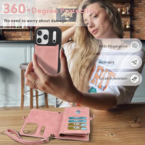 for Wallet Case Compatible with iPhone 17 Pro,Multi-Function Detachable 2 in 1 Magnetic iPhone 17 Pro Case Wallet,Flip Strap Zipper Card Holder Phone Case with Shoulder Straps (Pink) - color: Pink, size: iPhone 17 Pro