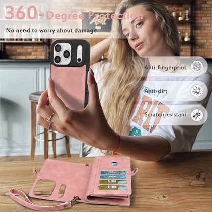 for Wallet Case Compatible with iPhone 17 Pro,Multi-Function Detachable 2 in 1 Magnetic iPhone 17 Pro Case Wallet,Flip Strap Zipper Card Holder Phone Case with Shoulder Straps (Pink) - color: Pink, size: iPhone 17 Pro