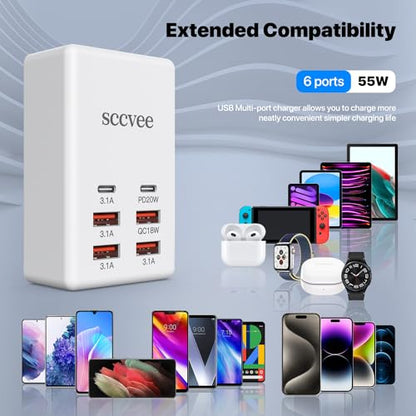 USB C Charger, 55W 6-Port USB Charger Holder Multi-USB Charging Station Desktop Multi-Port USB Charger 2-USB C +4-USB A Compatible with iPhone/Google/Xiaomi/Oppo/Tablet etc. - color: 55W 6-Port