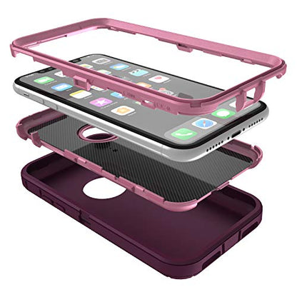 MXX Compatible with iPhone Xr Case, 3-Layer Super Protective Full Heavy Duty Body Tough Rugged Bumper Cover, Shock & Dust Proof, Designed for Apple Xr Phone Case 6.1" - color: Plum/Light Pink