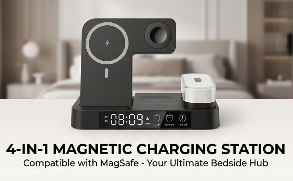 ASHATA 4 in 1 Wireless Charging Station 3 in 1 Stand with Digital Alarm Clock 7 Color Night Light for Phone Watch Earbuds (Black) - color: Black