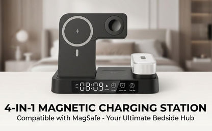 ASHATA 4 in 1 Wireless Charging Station 3 in 1 Stand with Digital Alarm Clock 7 Color Night Light for Phone Watch Earbuds (Black) - color: Black