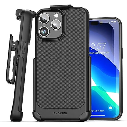 Encased Belt Case for iPhone 15 Pro Max (2023) Thin Armor Slim Cover with Rotating Phone Holster Clip - Black - size: iPhone 15 Pro Max