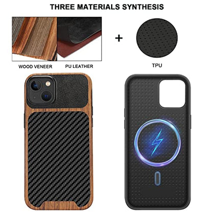 TENDLIN Magnetic Case Compatible with iPhone 14 Plus Case Wood Grain with Carbon Fiber Texture Design Leather Hybrid Slim Cover (Compatible with MagSafe) Black - color: Magnetic Black, size: iPhone 14 Plus