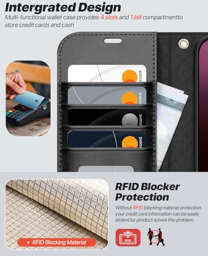 OCASE for iPhone 16 Pro Max Case Detachable Wallet Case with Card Holder, 2 in 1 Pu Leather Flip Folio with RFID Blocking Stand Wrist Strap Shockproof Phone Cover 6.9 Inch 2024, Black | Removable magnetic case, with hand strap, wireless charging, card slo