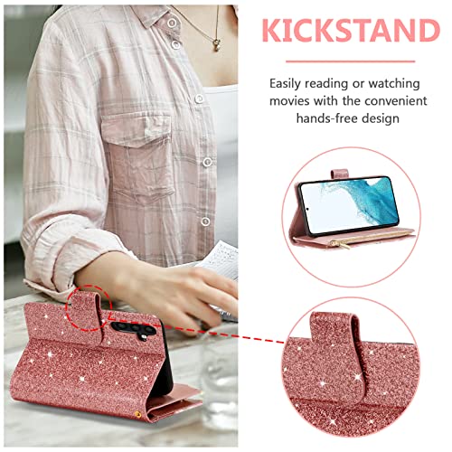 UEEBAI Wallet Case for Samsung Galaxy S24 Plus/S25 Plus 5G, PU Leather Wallet Magnetic Closure Handbag Zipper Pocket Cover Kickstand Card Slots with Hand Strap Rose Flip Case Women - Bling Rose Gold - color: Bling Rose Gold, size: Samsung Galaxy S24 Plus/