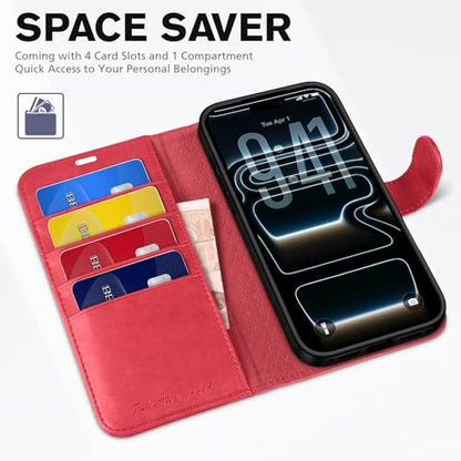 TUCCH Wallet Case for iPhone 17 Pro (6.3") 2025, 4 Card Slots, Red | RFID Blocking, Viewing Stand, Shockproof TPU Shell, PU Leather, Magnetic Closure, Protective Folio Flip Cover - color: Red