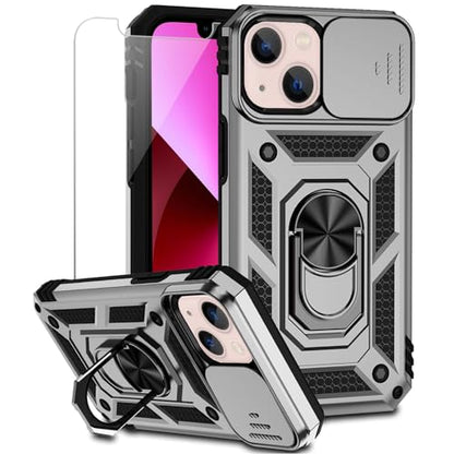 for iPhone 13 Case with Camera Lens Cover HD Screen Protector, Dual Layer [15 FT Military Grade Drop Protection] Magnetic Ring Holder Kickstand Protective Phone Case for iPhone 13 6.1 inch (Silver) - color: Silver with camera cover Military-Grade 2nd gen