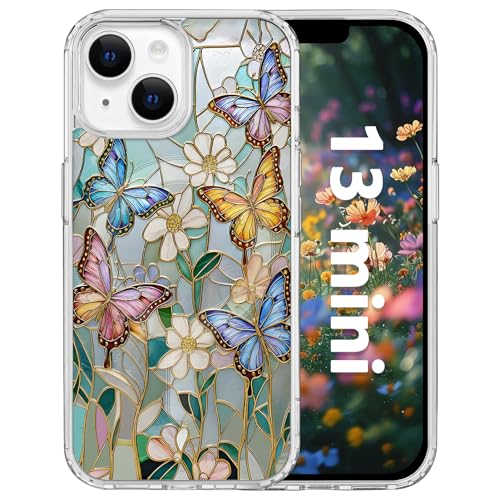 for iPhone 13 Mini 5.4" Magnetic Case[Compatible with MagSafe] Aesthetic Vintage Stained Glass Bloom Flower Design, Slim Fit Hard PC Back Shockproof Cute Clear Phone Cover, Butterfly - color: Butterfly Glass Flower, size: iPhone 13 Mini
