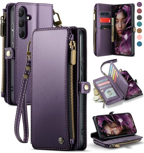 Defencase for Samsung Galaxy S26 Wallet Case with RFID Card Holder, Purple | Durable Soft PU Leather, with Zipper Pocket, Wrist Strap, Fashion Snap Flip S26 Phone Cases Cover with Stand for Women Men - color: Purple