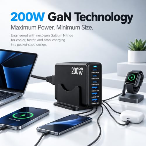200W GaN Charging Station, 6-Port USB-C Desktop Charger - color: Black-200