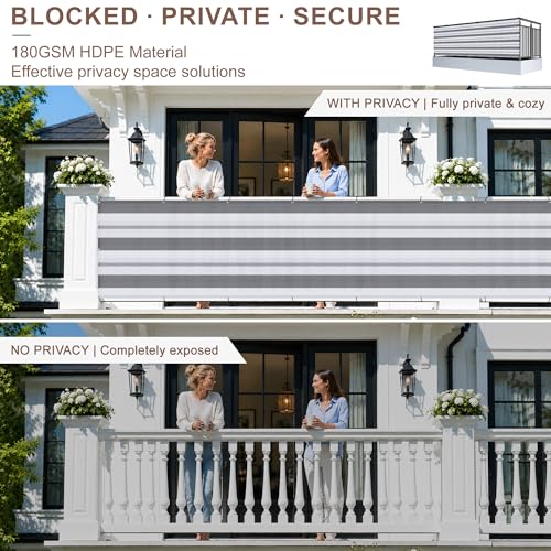 SUNNY GUARD 3' x 16' Balcony Privacy Screen, HDPE Patio Railing Cover Fence - color: Silver Grey White Stripes, size: 0 3' x 1 6'