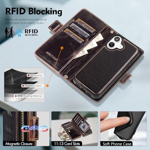Antsturdy Compatible with MagSafe iPhone 17 Wallet Case,Coffee | Detachable Magnetic Credit Card Holder,RFID Blocking,PU Leather Zipper Purse,Wrist Strap Kickstand,Flip Phone Cover for Women - color: (Detachable with Magsafe)-Coffee